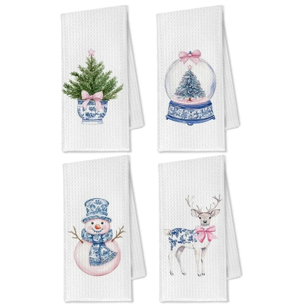 Chinoiserie Christmas Kitchen Bathroom Towels, Blue Bow Tree, Set of 4, 16x24